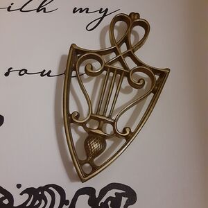Antique Brass Trivet Lyre and Pineapple